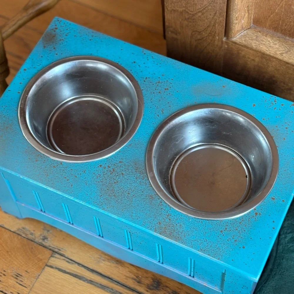 Teal with metallic gold splash Elevated Dog Feeder! + storage